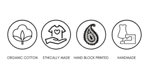 organic cotton, ethically made, hand block printed and handmade icons