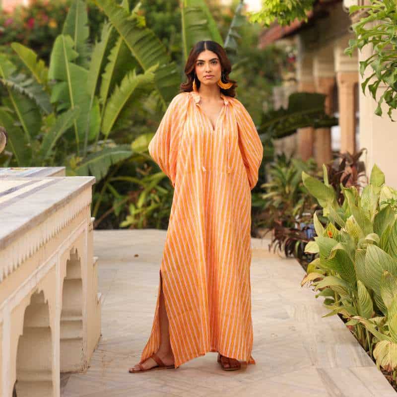 orange pink stripe maxi dress